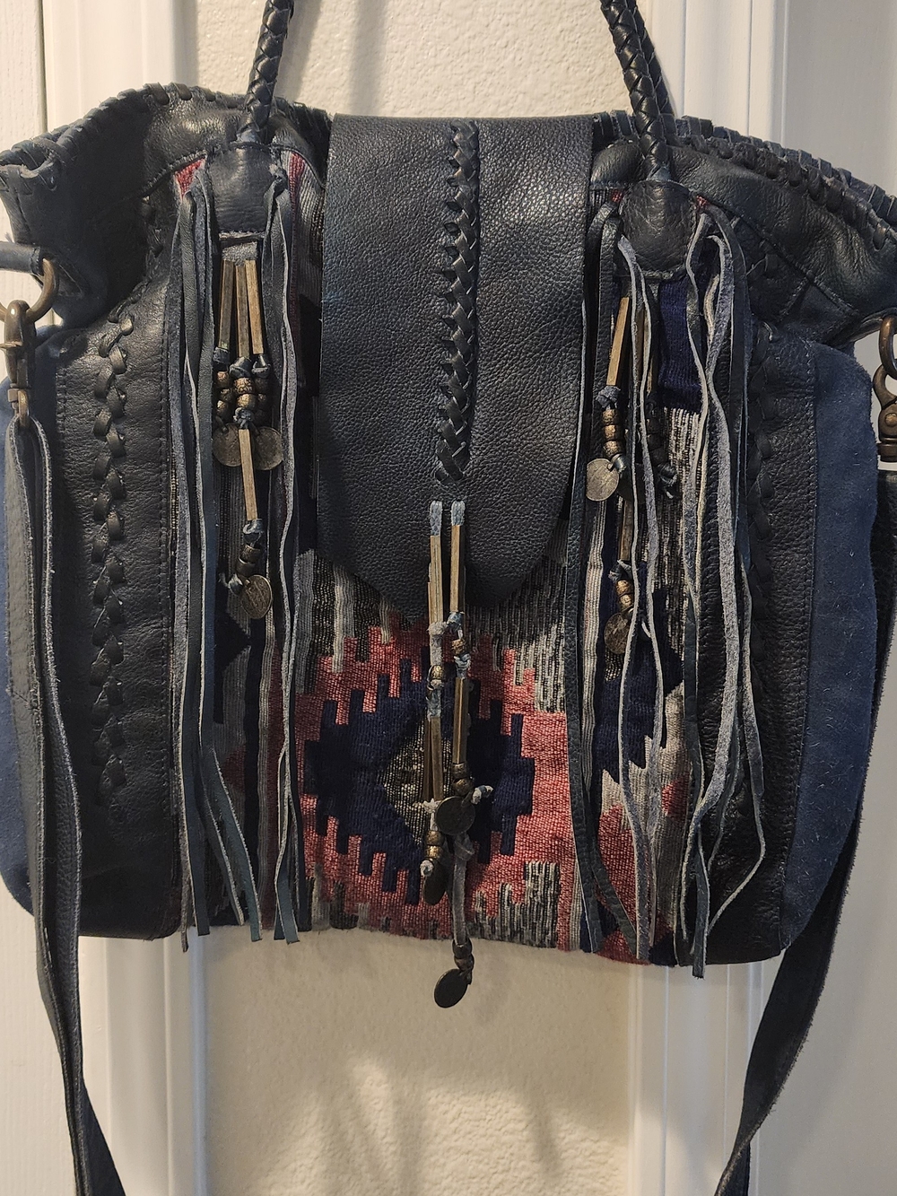 Free People Boho Style Leather Fringe Multicolor Crossbody Shoulder Bag - Picture 3 of 11